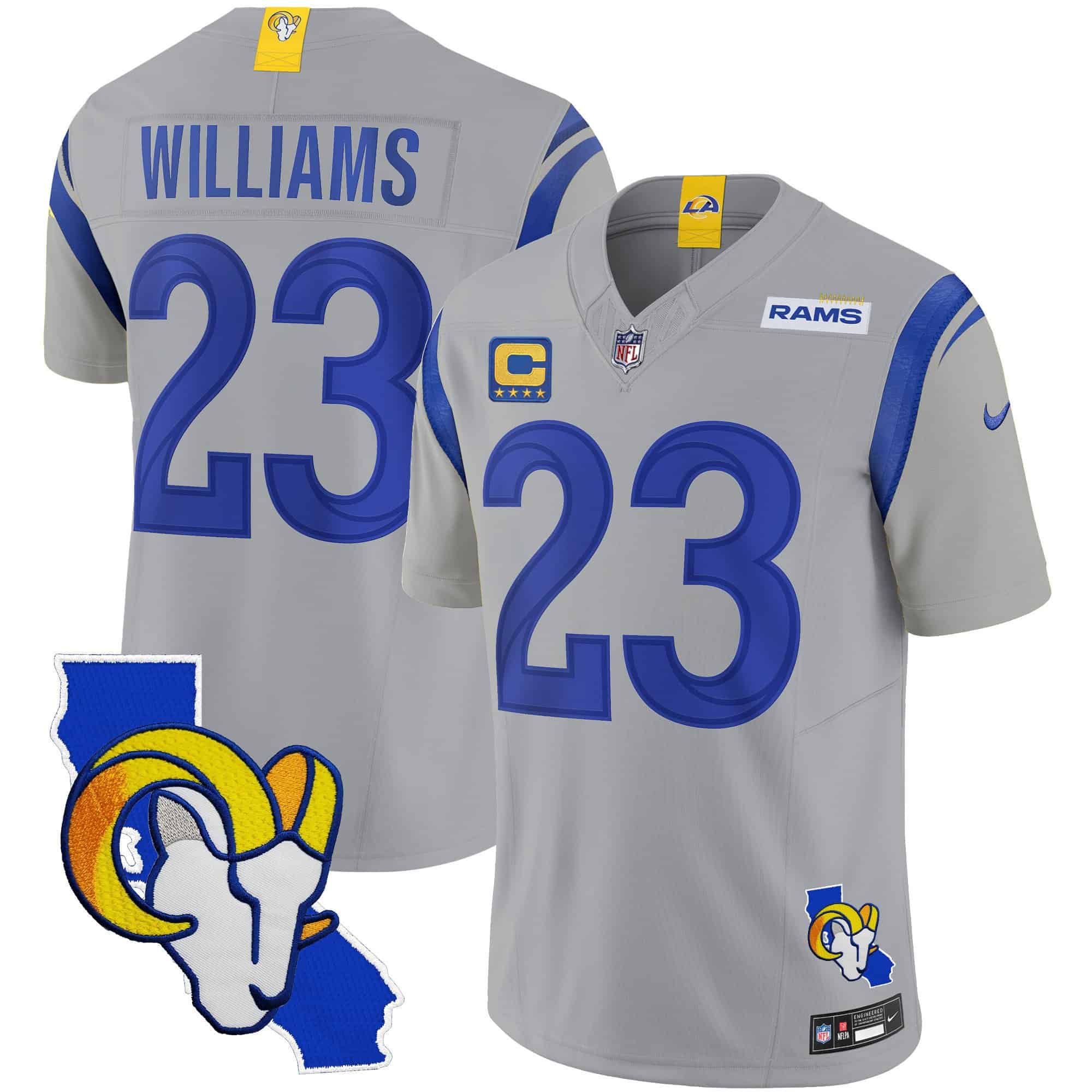 Men Los Angeles Rams #23 Williams Grey 2024 Nike California Patch Vapor Limited NFL Jersey style 1